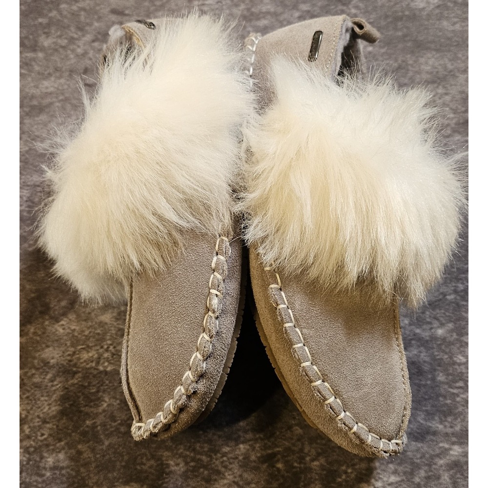 Bearpaw Women Slippers Size 6 Gray White Faux Fur Slip On Moccasin 1-01277